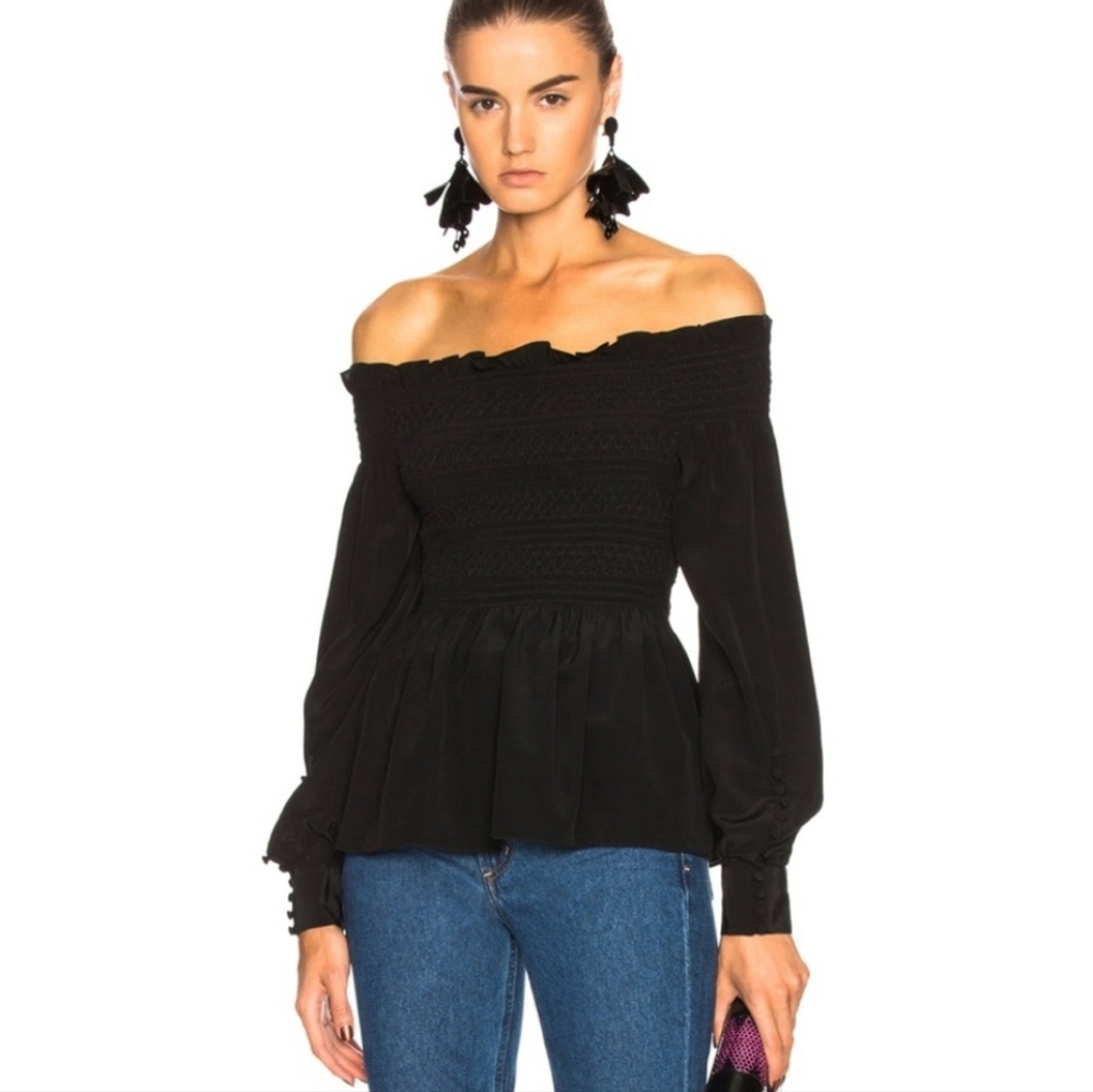 Boho Chic A.L.C. 2 Pheonix Top Silk Black Smocked Off-Shoulder Blouse